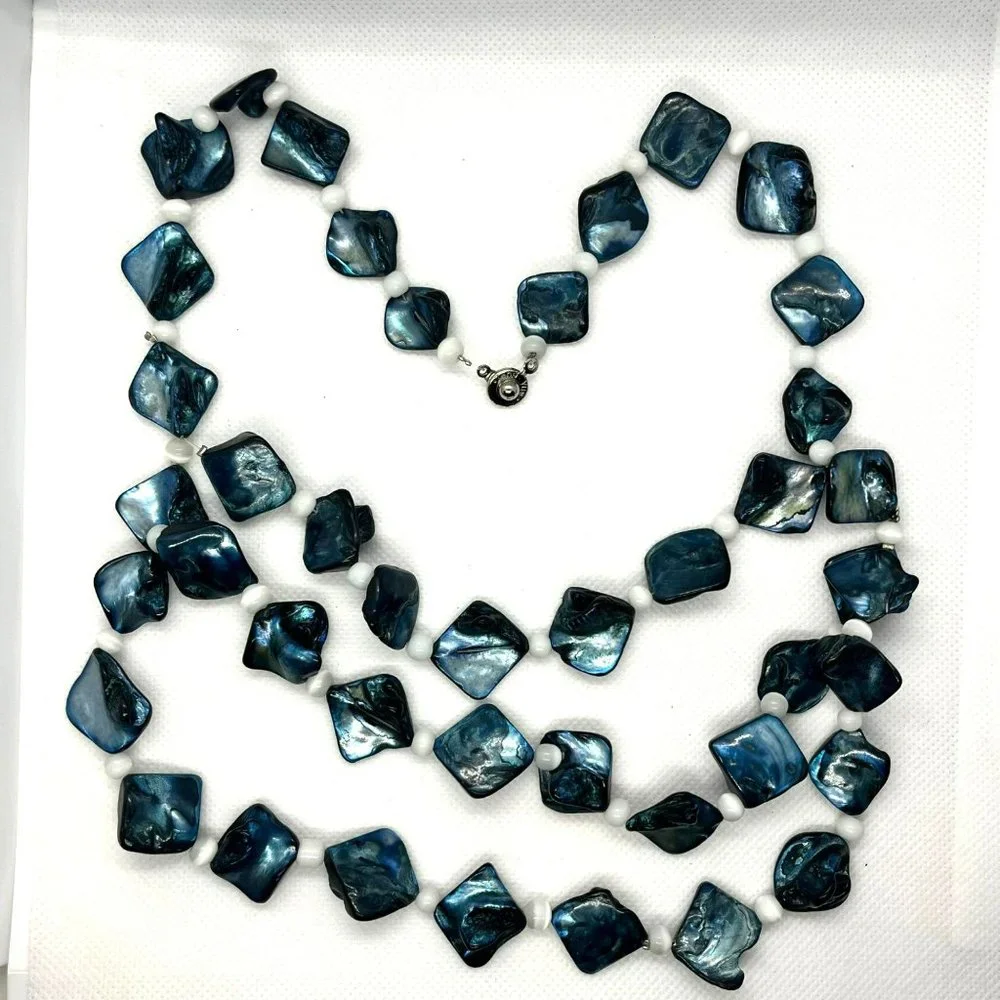 Teng Yue Fresh Water‎ Pearls Blue Mother of Pearl 3 Layer Silver Tone Necklace